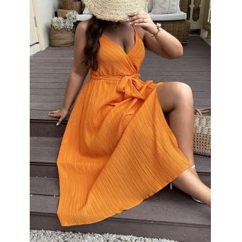 Rochie midi cu bretele subtiri, decolteu in V si cordon, portocaliu, dama, Shein