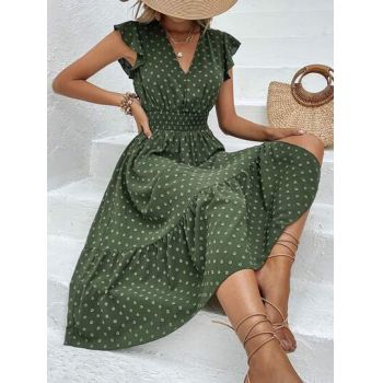 Rochie midi cu imprimeu, maneca scurta si decolteu, verde, dama, Shein