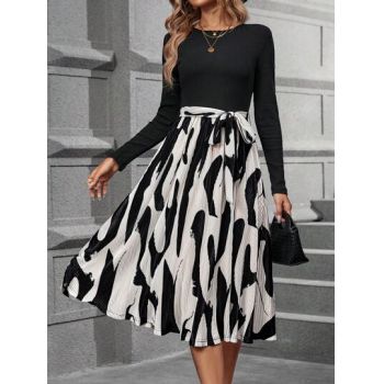 Rochie midi cu imprimeu si funda, negru, dama, Shein