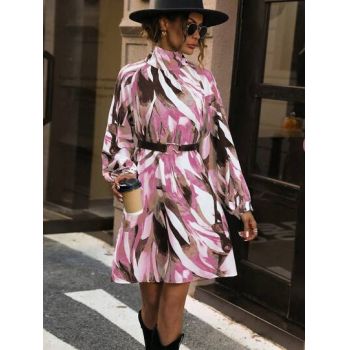 Rochie midi cu imprimeu si maneca lunga, roz, dama, Shein
