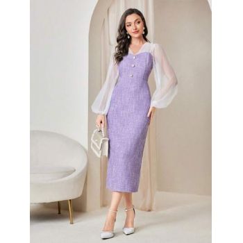 Rochie midi cu maneci bufanete, din plasa, mov, dama, Shein