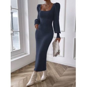 Rochie maxi din tricot, cu decolteu patrat si maneci bufante, albastru, dama, Shein