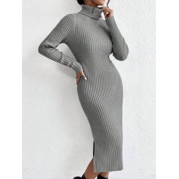 Rochie midi din tricot cu guler inalt si cu slit, gri, dama, Shein