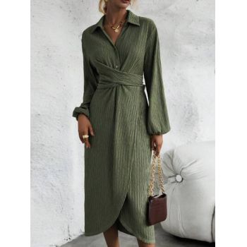 Rochie midi petrecuta, cu maneca lunga, nasturi si decolteu, kaki, dama, Shein