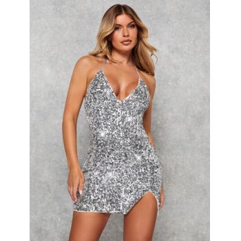 Rochie mini cu decolteu, slit si bretele subtiri, din paiete, argintiu, dama, Shein