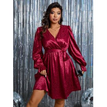 Rochie mini cu imprimeu leopard, decolteu si maneca lunga, rosu, dama, Shein