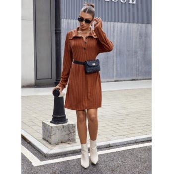 Rochie mini cu maneca lunga, din tricot, cu decolteu si nasturi, maro, dama, Shein