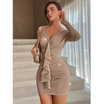 Rochie mini cu model si cu decolteu, maro, dama, Shein