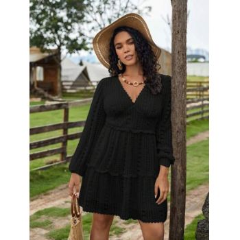 Rochie mini cu volane, decolteu si maneca lunga, negru, dama, Shein