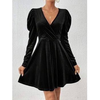 Rochie mini din catifea, cu umerii bufanti si cu decolteu, negru, dama, Shein