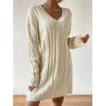 Rochie mini din tricot, cu decolteu si maneca lunga, alb, dama, Shein