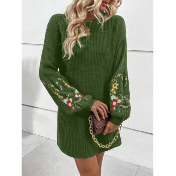 Rochie mini din tricot, cu guler inalt si model broderie, verde, dama, Shein