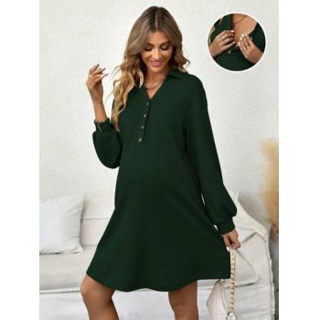 Rochie mini din tricot, cu guler si maneca lunga, Maternity, verde, dama, Shein