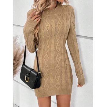Rochie mini din tricot cu guler si maneci lungi, maro, dama, Shein