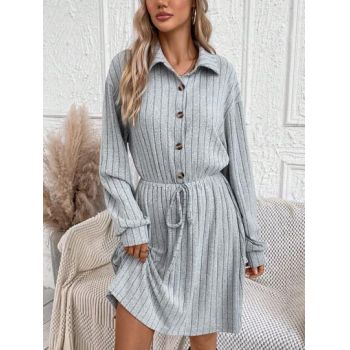 Rochie mini din tricot, cu snur reglabil, nasturi si maneca lunga, gri, dama, Shein