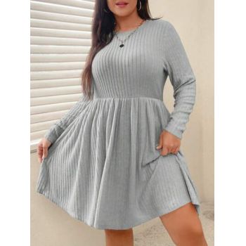 Rochie mini din tricot cu volan si cu maneca lunga, gri, dama, Shein