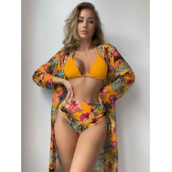 Set costum de baie, coverup, sutien si bikini cu imprimeu floral, portocaliu, dama, Shein la reducere