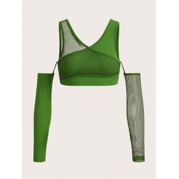 Top cu maneci si decolteu, verde, dama, Shein