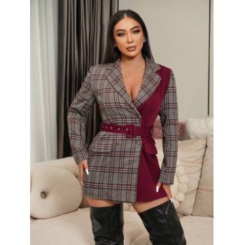 Blazer in carouri cu nasturi si cordon, gri, dama, Shein