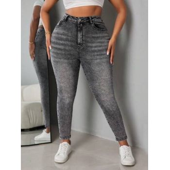 Blugi conici cu talie inalta si buzunare, negru, dama, Shein