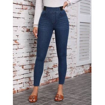 Blugi skinny din denim, cu talie inalta, albastru, dama, Shein