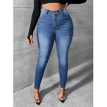 Blugi slim, din denim cu talie inalta, albastru, dama, Shein