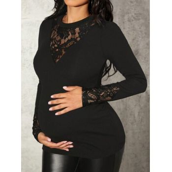 Bluza cu detalii dantela si maneca lunga, Maternity, negru, dama, Shein