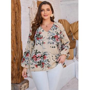 Bluza cu imprimeu floral si maneca lunga, crem, dama, Shein