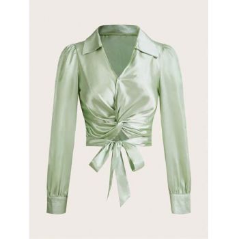 Bluza din satin, cu decolteu si maneca lunga, verde, dama, Shein