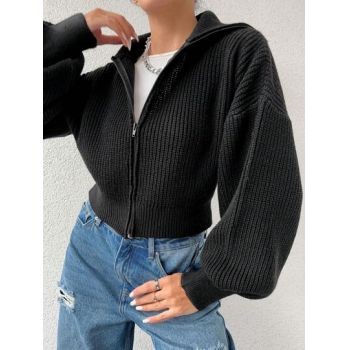 Cardigan din tricot, cu gluga si fermoar, negru, dama, Shein