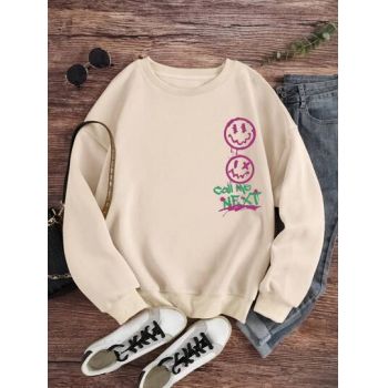 Hanorac cu imprimeu si maneca lunga, crem, dama, Shein