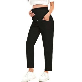 Pantaloni cu talie inalta si nasture, negru, dama, Shein