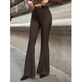 Pantaloni evazati, cu talie inalta, maro, dama, Shein