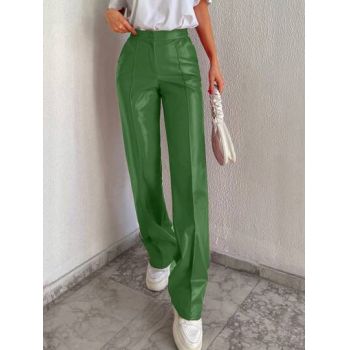 Pantaloni largi, din piele ecologica, cu talie inalta, verde, dama Shein ieftini