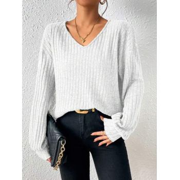 Bluza cu decolteu si maneca lunga, gri, dama, Shein