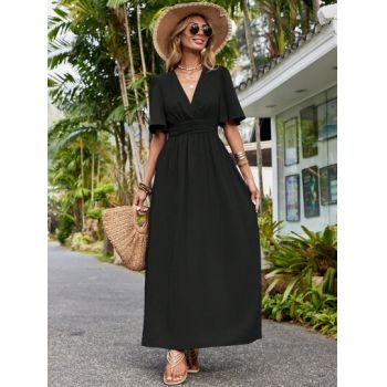 Rochie maxi cu decolteu in V si cu maneca scurta, negru, dama, Shein