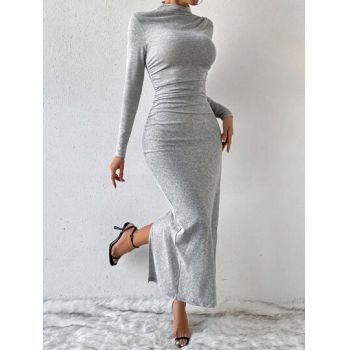 Rochie maxi cu slit si maneca lunga, gri, dama, Shein