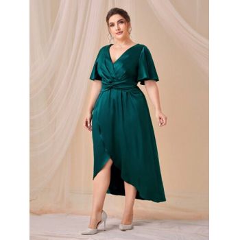 Rochie midi, asimetrica, cu slit si decolteu, verde, dama, Shein