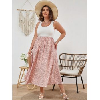 Rochie midi cu imprimeu floral si decolteu, roz, dama, Shein