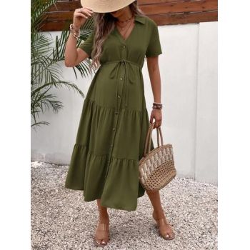 Rochie midi cu maneca scurta si snur, kaki, dama, Shein