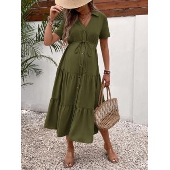 Rochie midi cu maneca scurta si snur, verde, dama, Shein