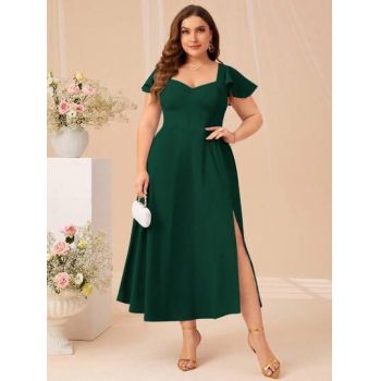 Rochie midi cu slit si maneca scurta, verde, dama, Shein