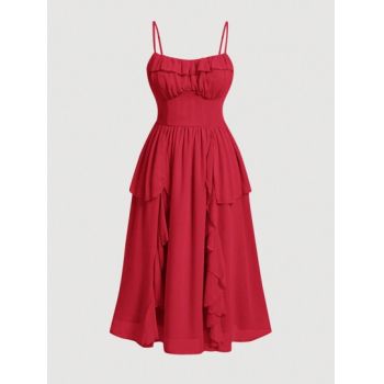 Rochie midi cu volane si bretele subtiri, rosu, dama, Shein