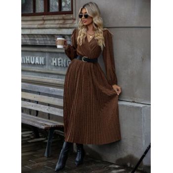 Rochie maxi, plisata, cu maneca lunga si decolteu, maro, dama, Shein