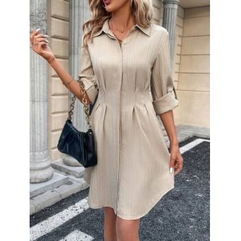 Rochie mini cu nasturi si maneca lunga, crem, dama, Shein