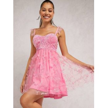 Rochie mini cu sclipici si bretele, roz, dama, Shein