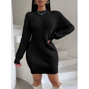 Rochie mini din tricot, cu guler si maneca lunga, negru, dama, Shein