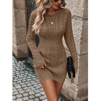Rochie mini din tricot cu maneca lunga, maro, dama, Shein