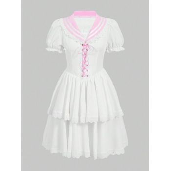 Rochie mini tip corset cu volane si maneca scurta, alb, dama, Shein