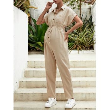Salopeta cu maneca scurta si nasturi, Maternity, crem, dama, Shein